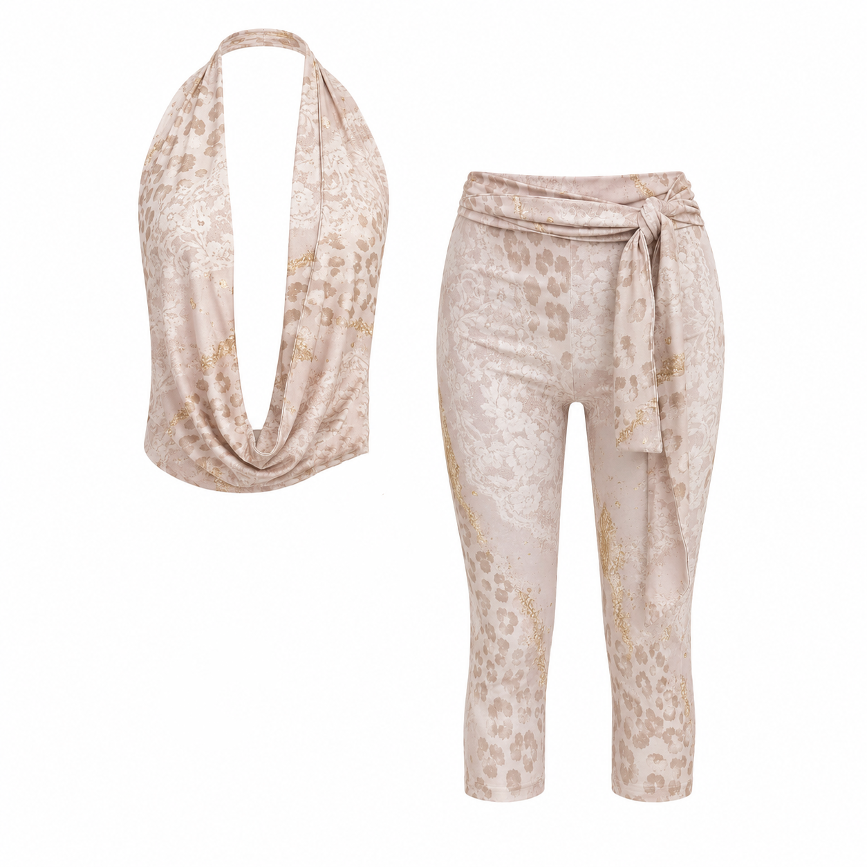 PRE-ORDER Champagne Lace Print Halter & Capri Trouser Co-Ord