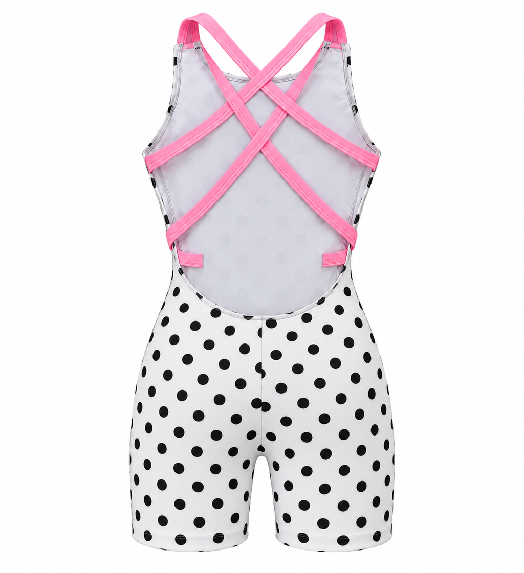 White Polka Dot Cross-Back Shorts Unitard