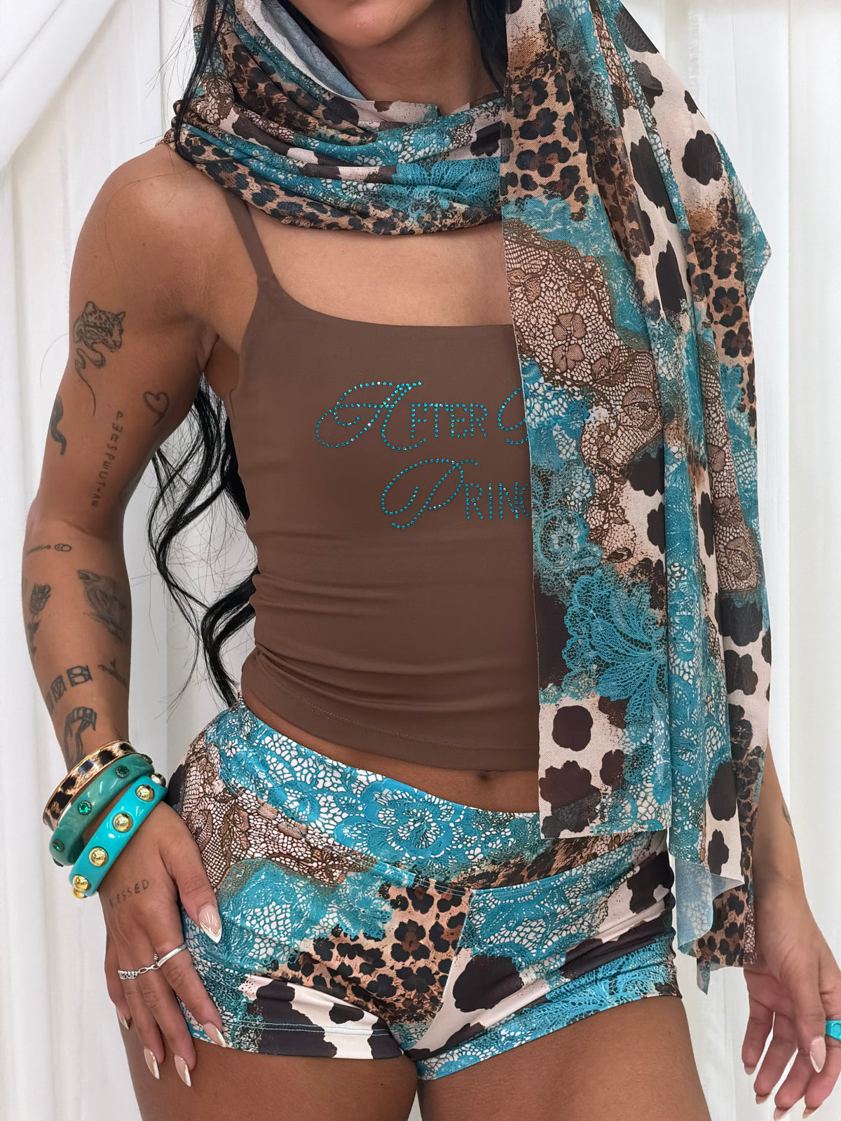 Turquoise Leopard Lace Print Hot Pants