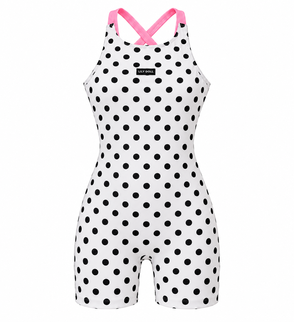 White Polka Dot Cross-Back Shorts Unitard