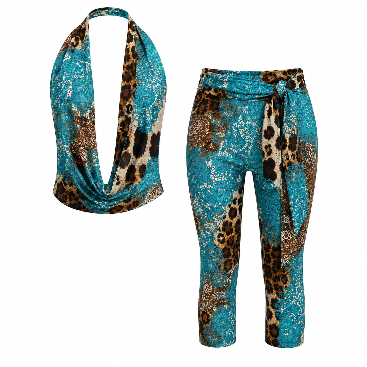 PRE-ORDER Turquoise Leopard Lace Halter & Capri Trouser Co-Ord